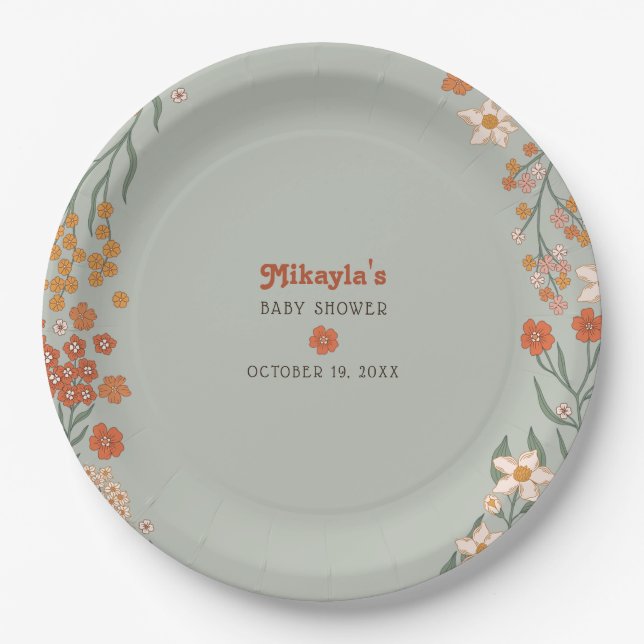 Little Wildflower Fall Rustic Boho Baby Shower Paper Plate (Front)