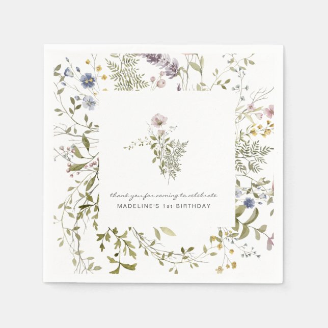 Little Wildflower | Floral Birthday Party Napkin (Front)