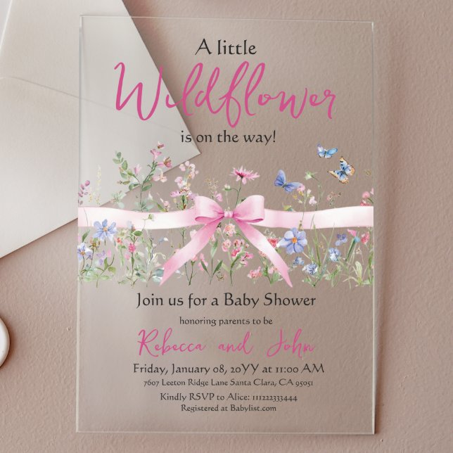 Little Wildflower Floral Girl Pink Bow Baby Shower Acrylic Invitations (Creator Uploaded)
