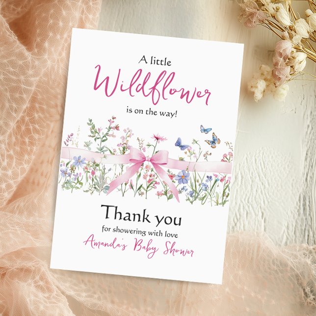 Little Wildflower Floral Girl Pink Bow Baby Shower Thank You Card (Creator Uploaded)