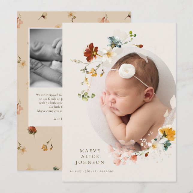 Little Wildflower Floral Photo Birth Announcement (Front/Back)