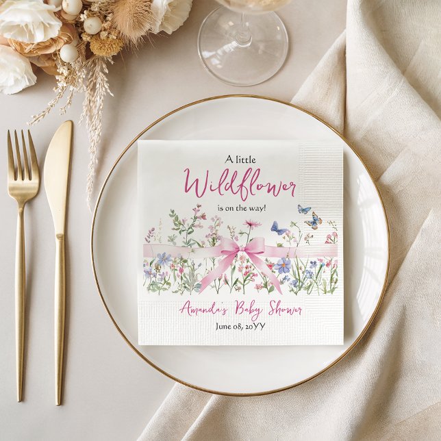 Little Wildflower Floral Pink Bow Girl Baby Shower Napkin (Creator Uploaded)
