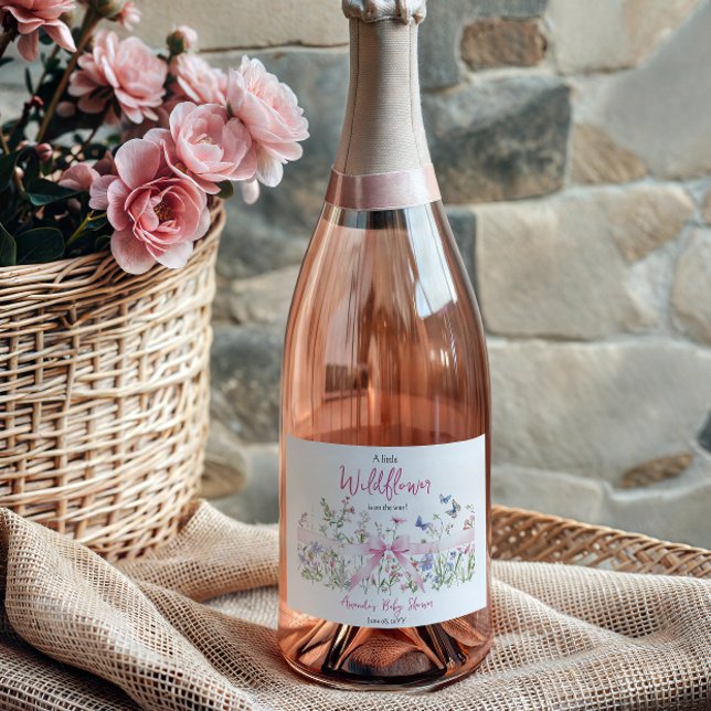 Little Wildflower Floral Pink Bow Girl Baby Shower Sparkling Wine Label (Creator Uploaded)