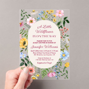little wildflower, floral red script baby shower acrylic invitations