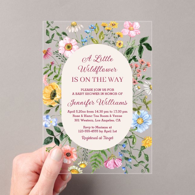 little wildflower, floral red script baby shower acrylic invitations (Insitu (Handheld))