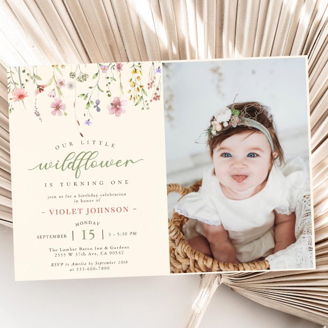 Little Wildflower Flower 1st Birthday Photo Invitation (Creator Uploaded)