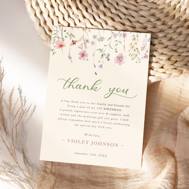 Little Wildflower Flower 1st Birthday Thank You Card (Creator Uploaded)