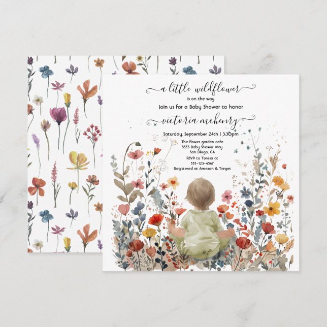 Little wildflower garden meadow baby shower invitation (Front/Back)