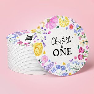 Little Wildflower Girl 1st Birthday Floral Round Paper Coaster