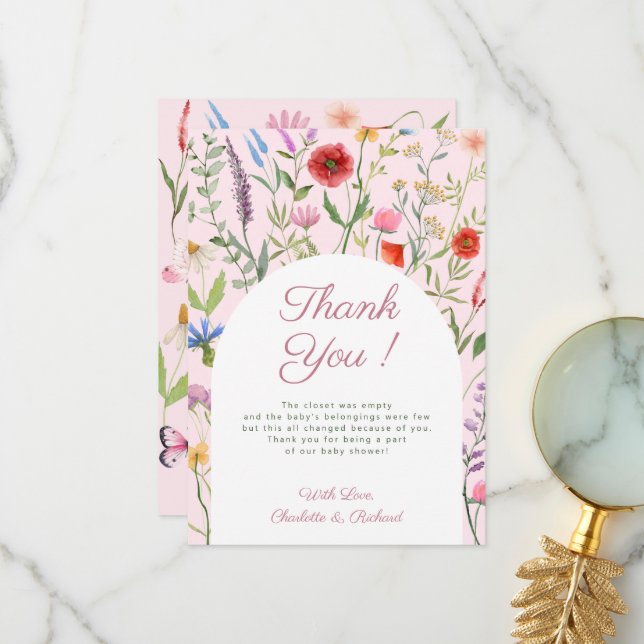 Little Wildflower Girl Baby Shower Thank You Card (Front/Back In Situ)