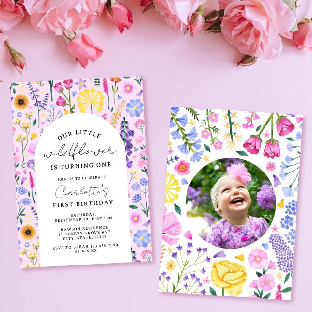 Little Wildflower Girl First Birthday Pink Photo Invitation (Little Wildflower Girl First Birthday Pink Photo Invitation)