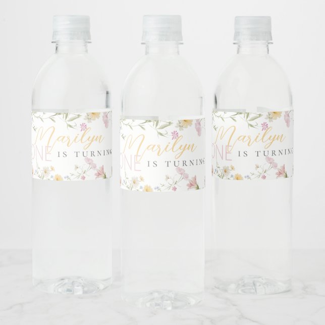 Little Wildflower Girl Turning one Birthday Water Bottle Label (Bottles)