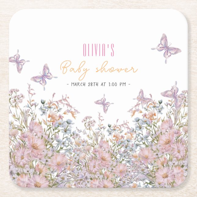 Little wildflower is in bloom baby shower #2 square paper coaster (Front)