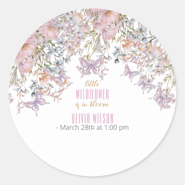 Little wildflower is in bloom baby shower classic round sticker (Front)