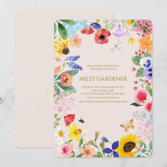 Little wildflower mama to Bee Baby Shower Invitation (Front/Back)