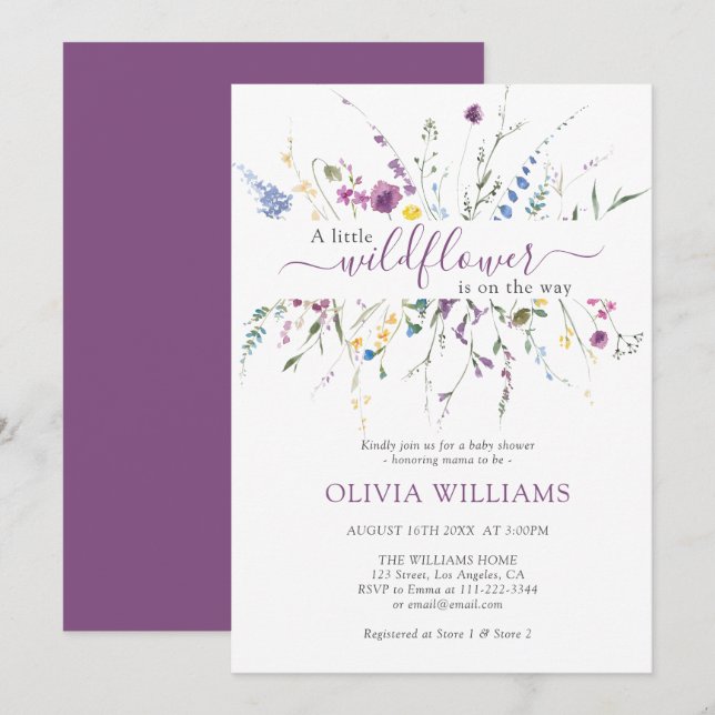 Little Wildflower Meadow Purple Lilac Baby Shower Invitation (Front/Back)