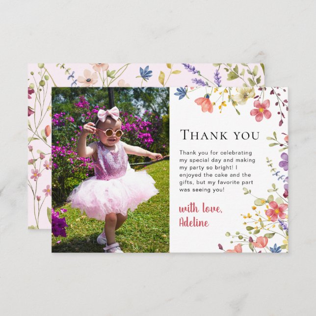 Little Wildflower Modern 1st Birthday Kids Party Thank You Card (Front/Back)
