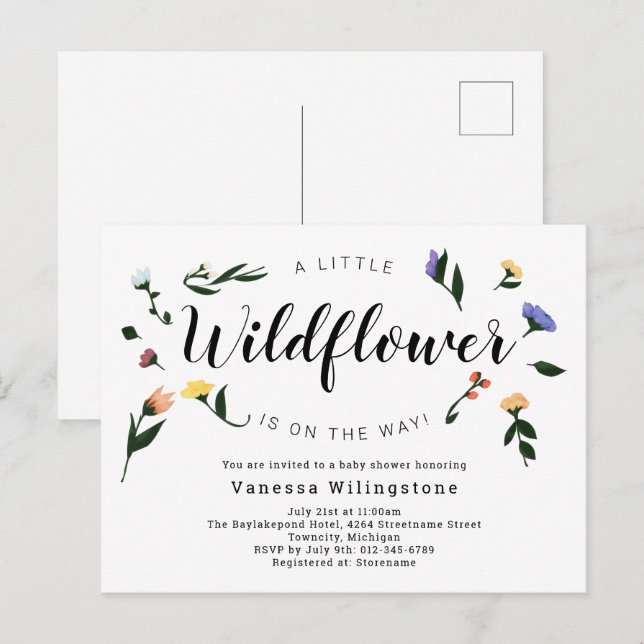 Little Wildflower on the Way Floral Baby Shower Invitation Postcard (Front/Back)