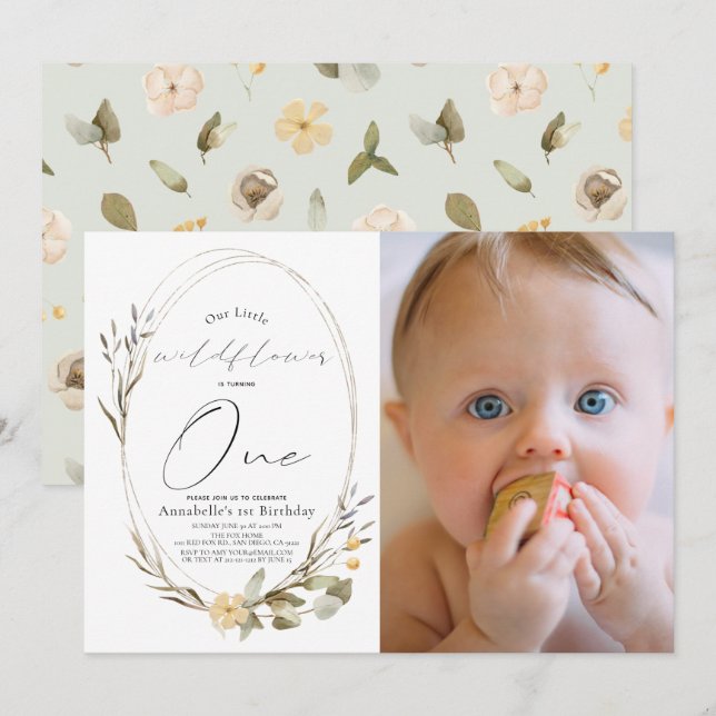 Little Wildflower Oval Girl 1st Birthday Photo Invitation (Front/Back)