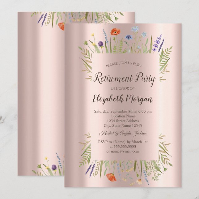 Little Wildflower Rose Gold Retirement   Invitation (Front/Back)