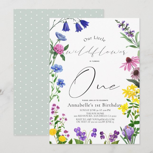 Little Wildflower Script 1st Birthday Invitation (Front/Back)