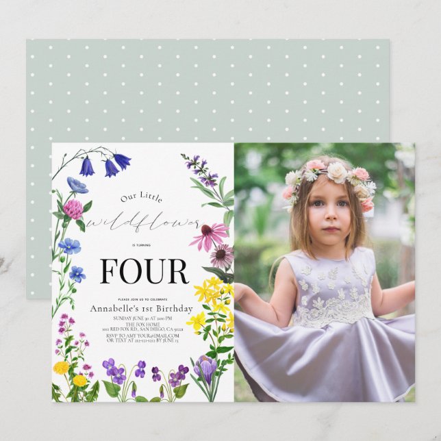 Little Wildflower Script Birthday Photo Invitation (Front/Back)