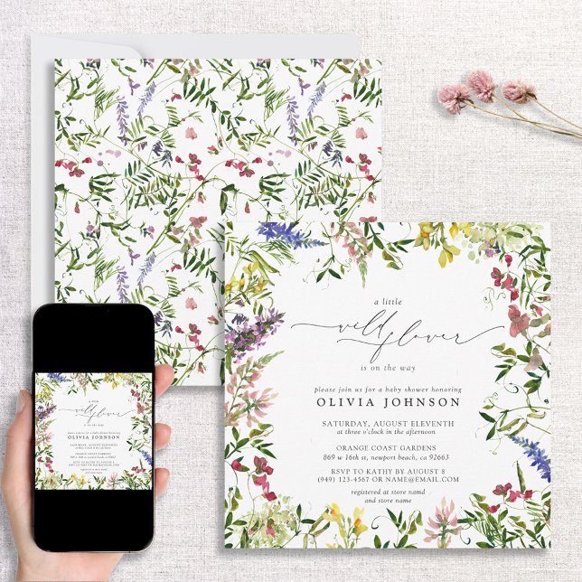 Little Wildflower Script Girl Floral Baby Shower Invitation (Creator Uploaded)