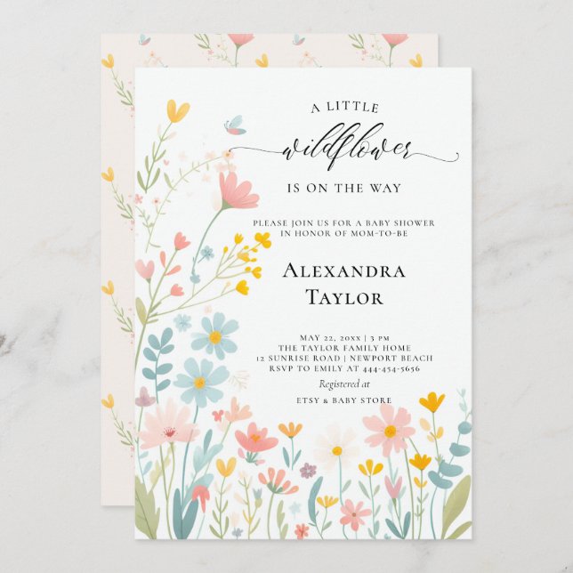 Little Wildflower Script Pastels Baby Girl Shower Invitation (Front/Back)