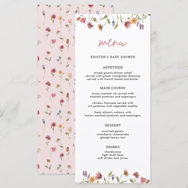 Little Wildflower Spring Girl Baby Shower Menu (Front/Back)