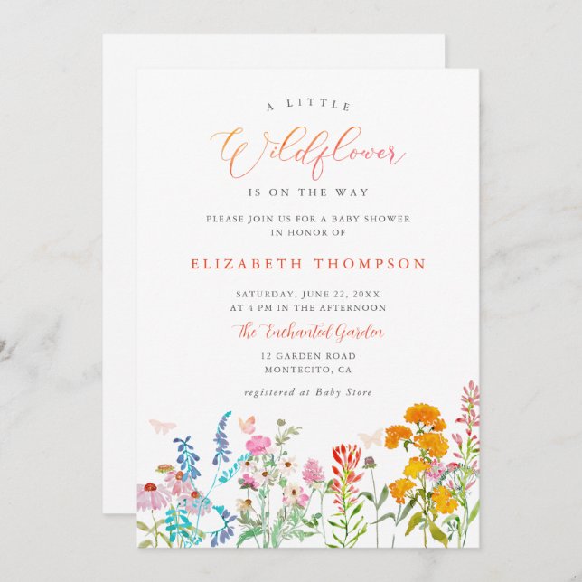Little Wildflower Teal Orange Girl Baby Shower Invitation (Front/Back)