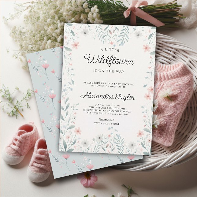 Little Wildflower Tiny Periwinkle Baby Girl Shower Invitation (little wildflower baby girl shower invitation cottage garden watercolor pink teal pastel cute frame)