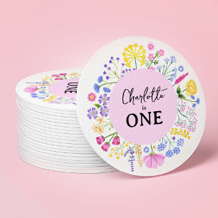 Little Wildflowers Girl's First Birthday Floral Round Paper Coaster
