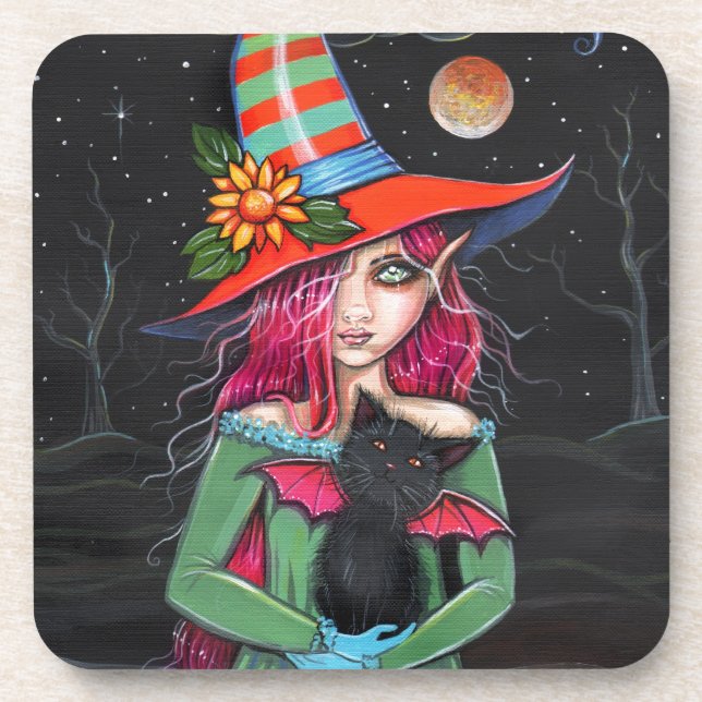 Little Wings Witch and Winged Cat Halloween Art Coaster (Front)