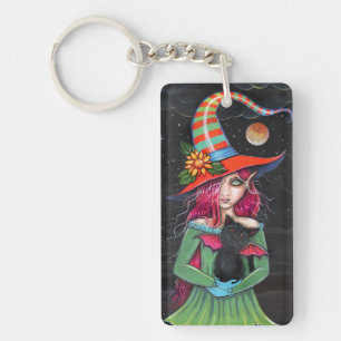 Little Wings Witch and Winged Cat Halloween Art Key Ring