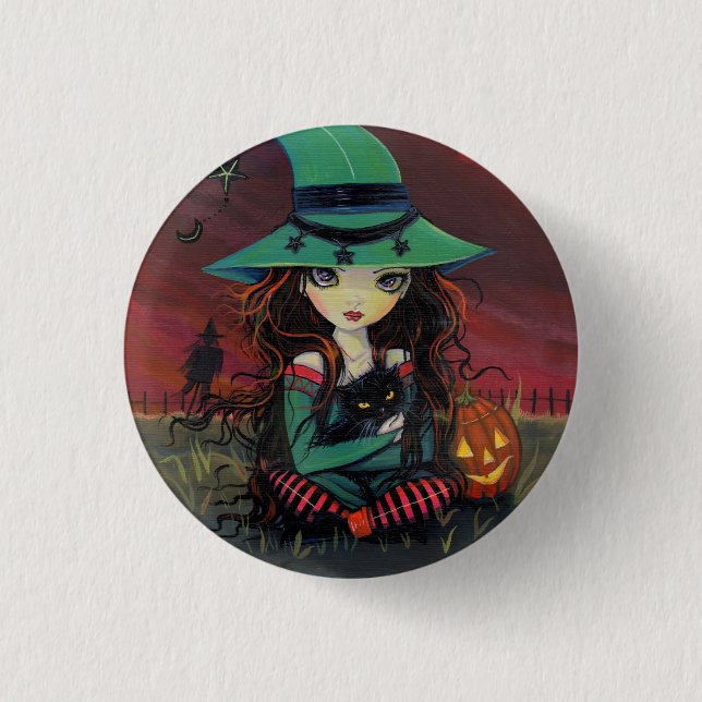 LIttle Witch and Black Cat Halloween Button (Front)