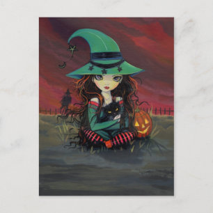 Little Witch and Black Cat Halloween Postcard
