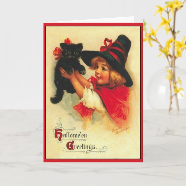 Little Witch and Black Cat Vintage Halloween Card (Yellow Flower)