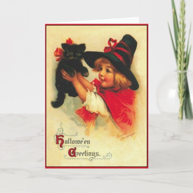 Little Witch and Black Cat Vintage Halloween Card (Front)