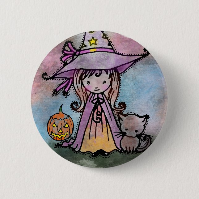 Little Witch and Cat Halloween Pinback Button (Front)