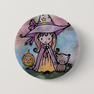 Little Witch and Cat Halloween Pinback Button