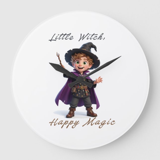 Little Witch Boy Big Magic Cute Halloween Large Clock (Front)