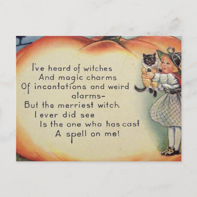 Little Witch & Cat (Vintage Halloween Card) Postcard (Front)