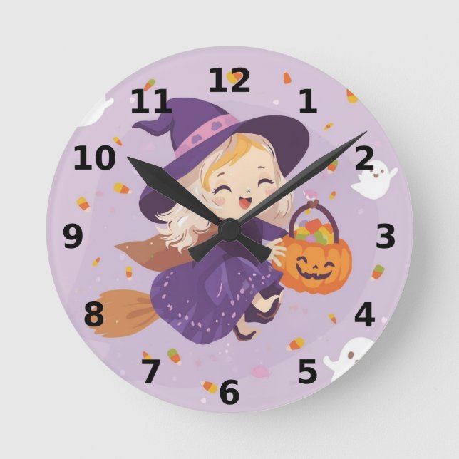 Little Witch Flying Halloween Clock (Front)