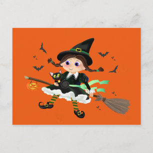 Little witch flying postcard