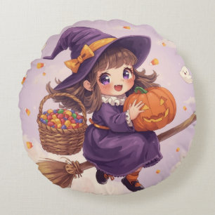 Little Witch Flying with Pumpkin Pillow