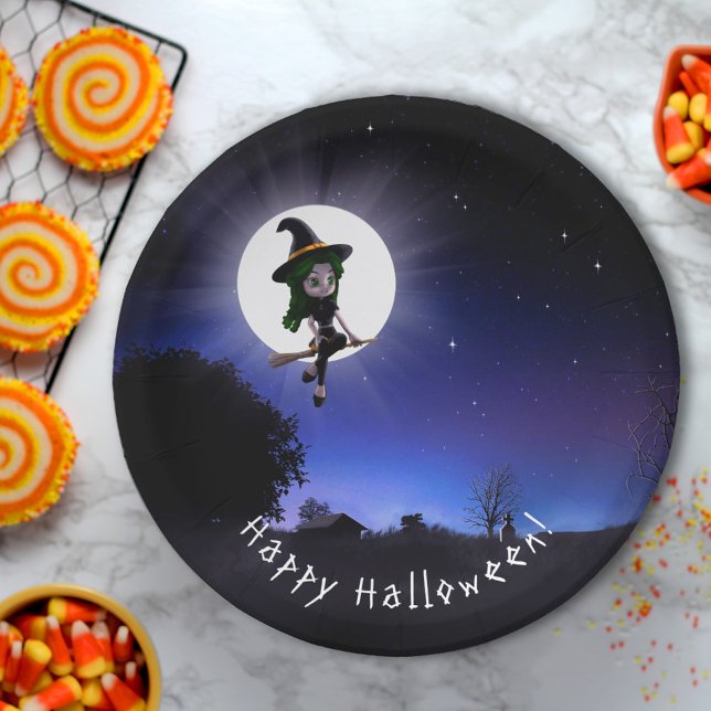 Little Witch Full Moon Night Happy Halloween Party Paper Plate (Creator Uploaded)