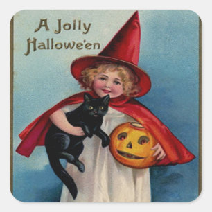 Little Witch Girl With Her Black Cat Square Sticker