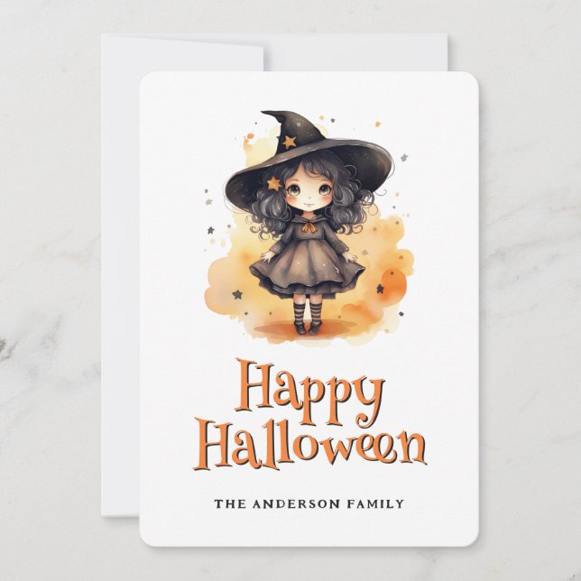 Little Witch In A Hat Kids Happy Halloween Card (Front)