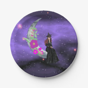 Little Witch on Crescent Moon with Flowers Paper Plate