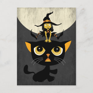 Little Witch Playing Leap Frog with Black Cat Holiday Postcard